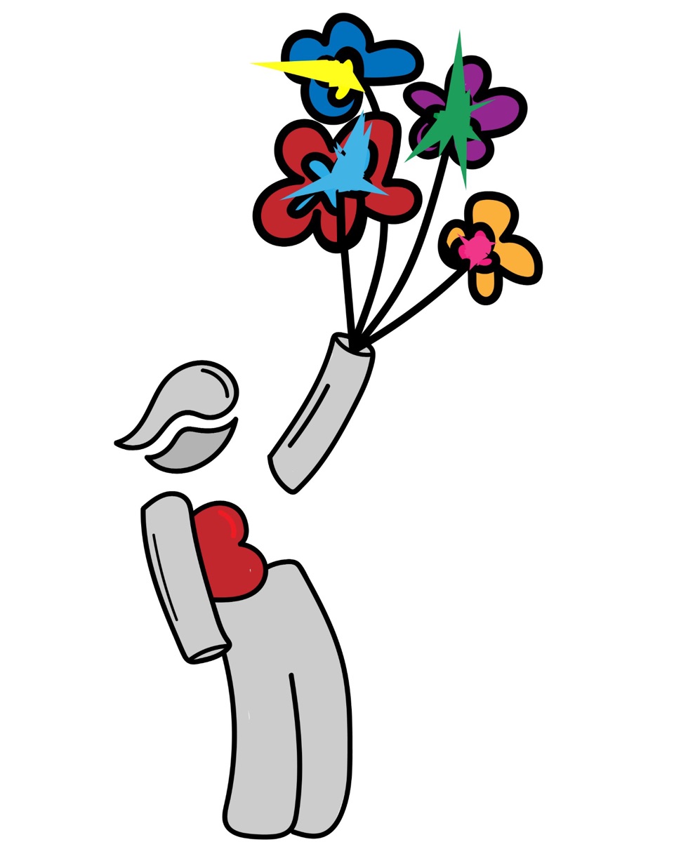 V100's bonhomme holding out a bunch of flowers